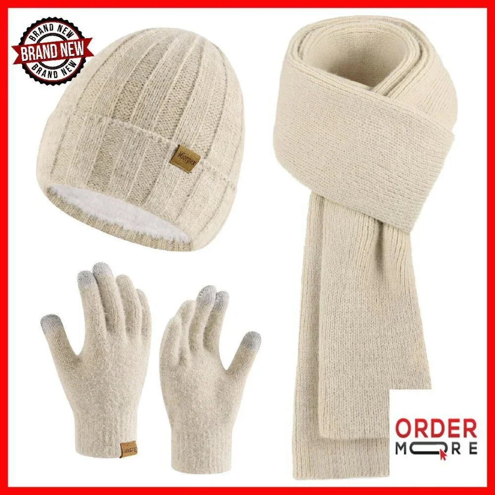 Premium Winter Beanie Scarf Gloves Set Touchscreen Warm Unisex